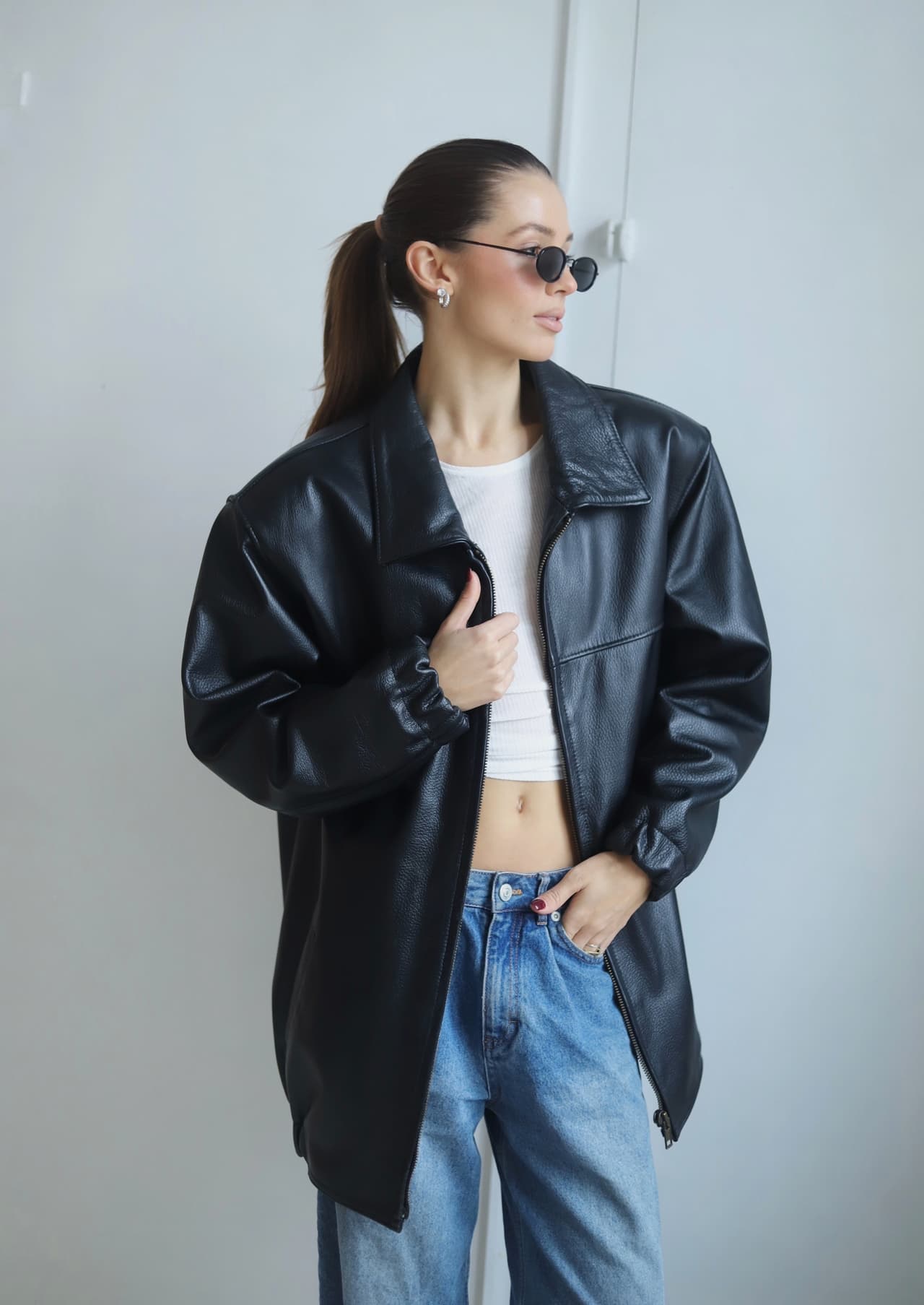 Długa kurtka skórzana black S-L